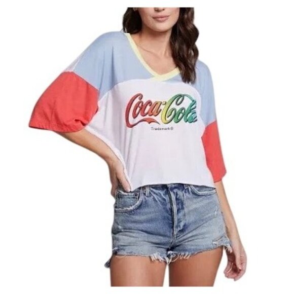 CHASER COCA-COLA Graphic Crop Top Sz L White Colorblock VNeck Cotton Oversized - Picture 1 of 16